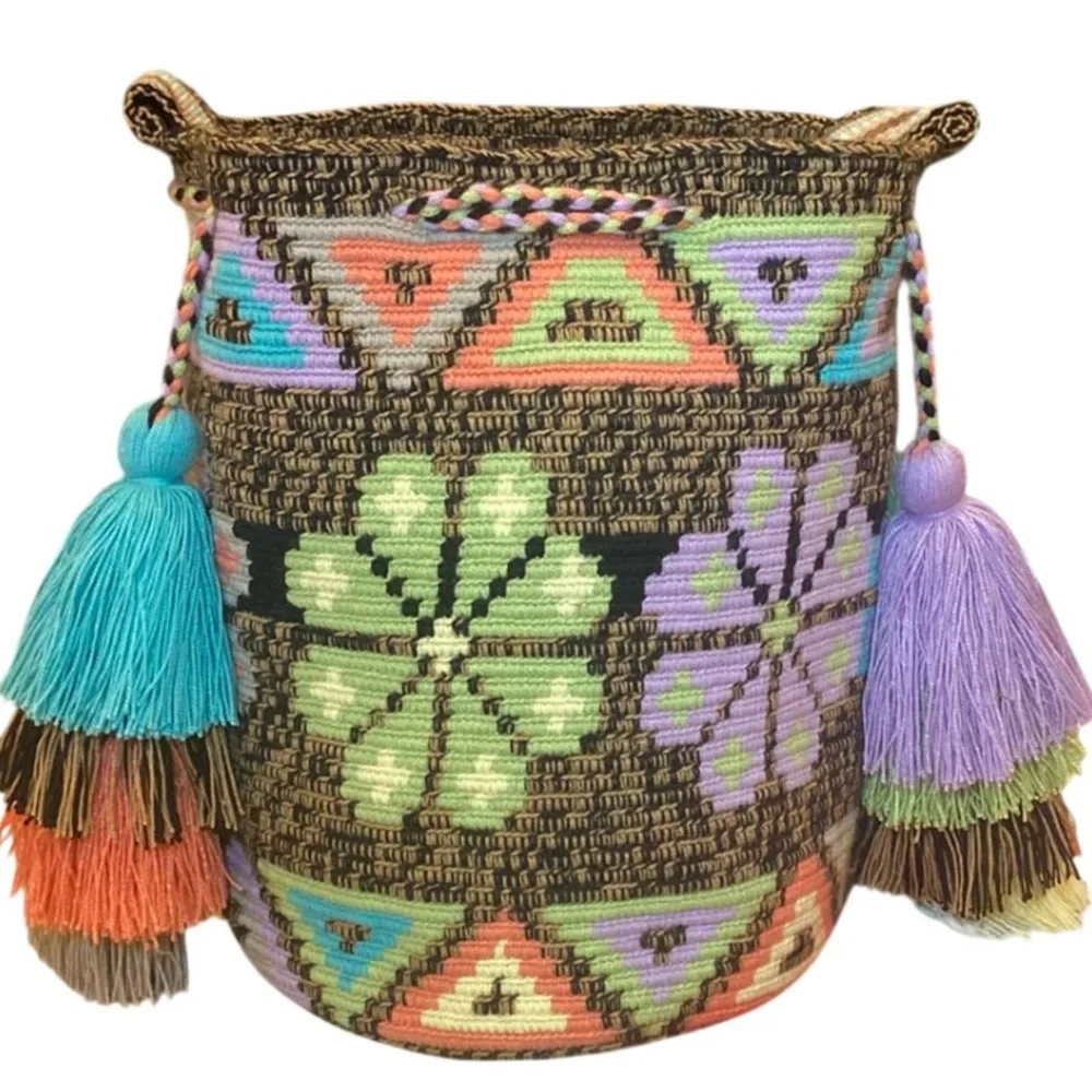 Wayuu Columbian Aztec Woven Bright Colorful Pom Pom Tassel Bucket Tote Bag - Picture 1 of 9